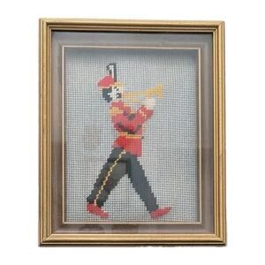 Vintage Needlepoint Art Christmas Toy Soldier Trumpet Red Uniform 9 X 11